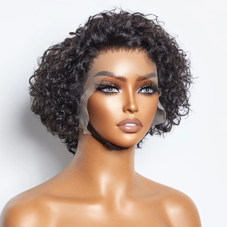 Bailey Hair Company 8 inch Short Curly Pixie Cut 13"x4" Frontal Lace Wig Pre-Bleached Knots Brazilian Human Virgin Hair 150% Density