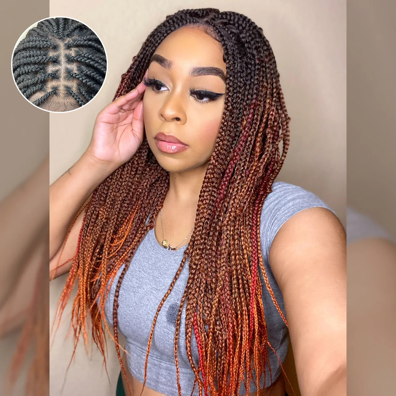 Bailey Hair Company 28 Inches 4x4 Black to Orange Ends Box Braids Lace Closure Wigs 200% Density-100% Handmade