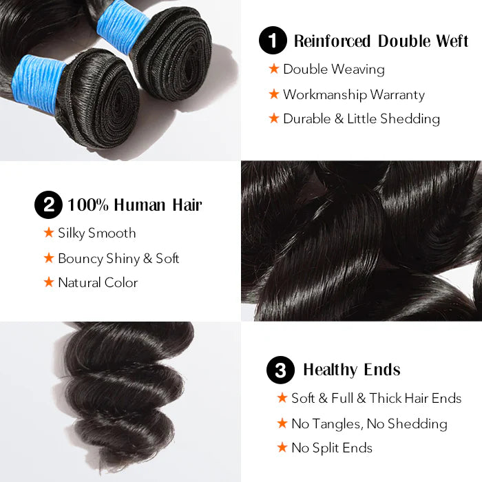 Bailey Hair Company 10-30 Inch Loose Wavy Virgin Brazilian Hair #1B Natural Black