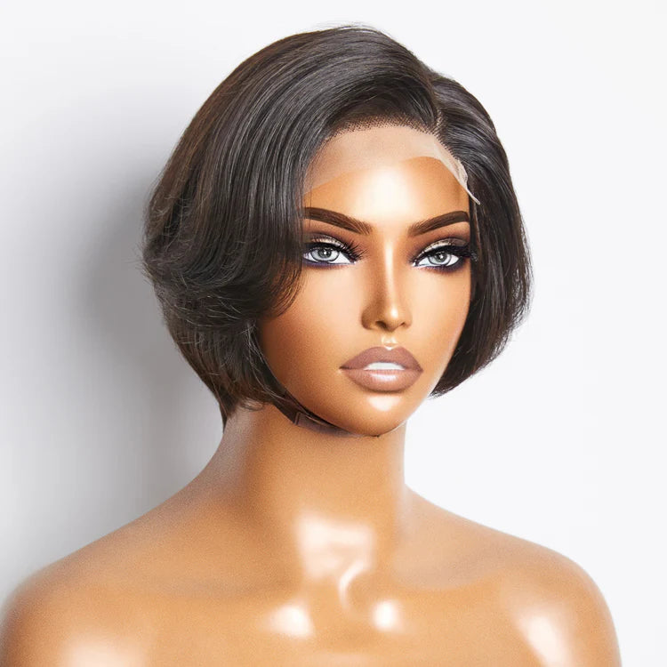 Bailey Hair Company 8 Inches 4"x4" Natural Black Straight Bob Side Part Lace Closure Wig-100% Human Hair