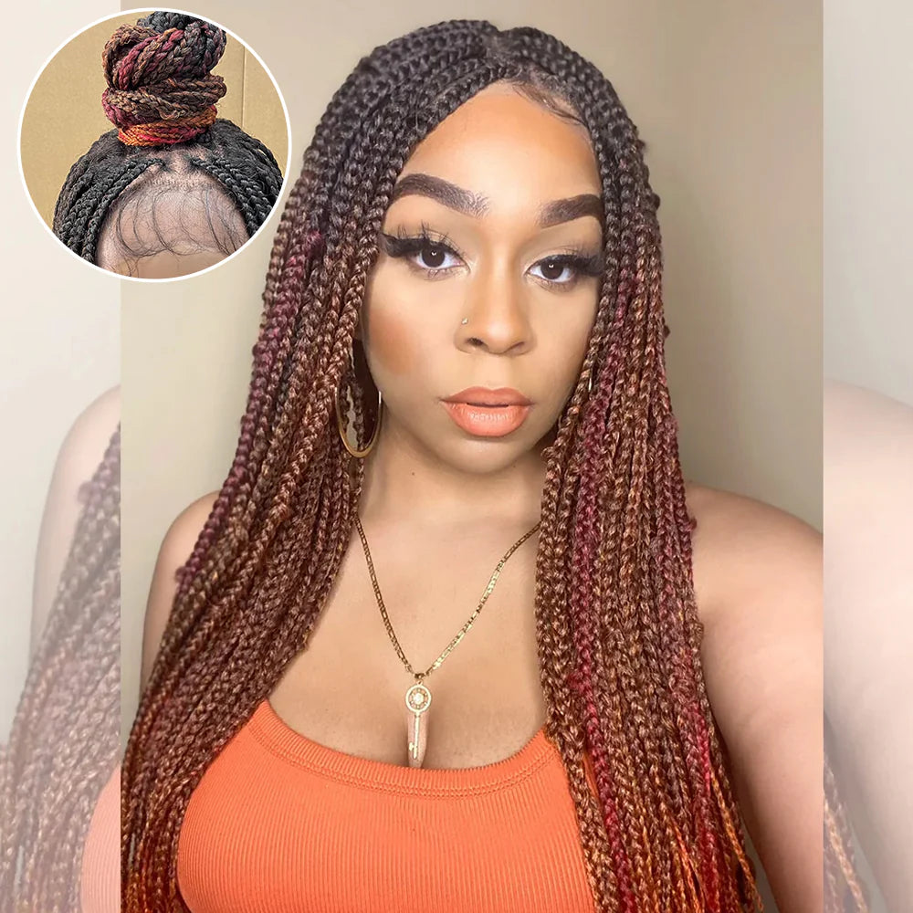 Bailey Hair Company 28 Inches 4x4 Black to Orange Ends Box Braids Lace Closure Wigs 200% Density-100% Handmade