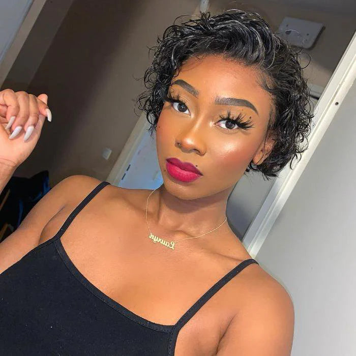 Bailey Hair Company 8 inch Short Curly Pixie Cut 13"x4" Frontal Lace Wig Pre-Bleached Knots Brazilian Human Virgin Hair 150% Density