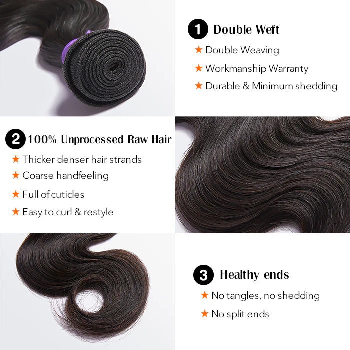 Bailey Hair Company 10-30 Inch 12A Premium Raw Indian Hair Body Wavy #1B Natural Black|One Bundle