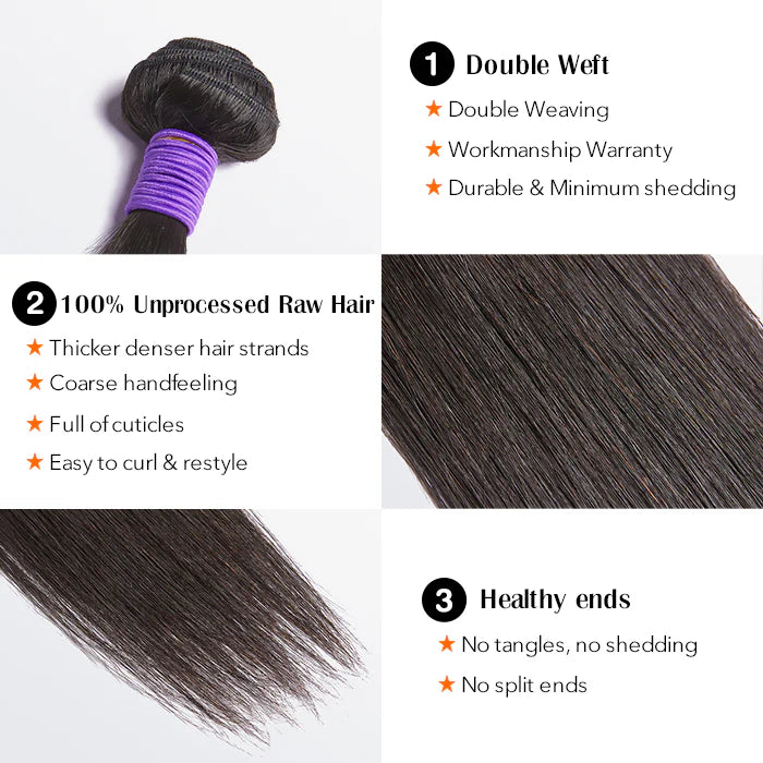 Bailey Hair Company 10-30 Inch 12A Premium Raw Indian Hair Straight #1B Natural Black |One Bundle