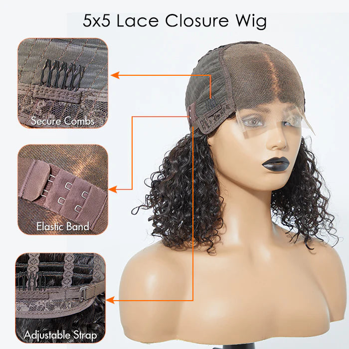Bailey Hair Company 5x5 Glueless Lace Closure Bob Wig 150% Density Water Wave