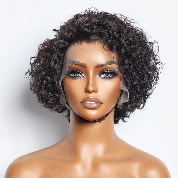 Bailey Hair Company 8 inch Short Curly Pixie Cut 13"x4" Frontal Lace Wig Pre-Bleached Knots Brazilian Human Virgin Hair 150% Density