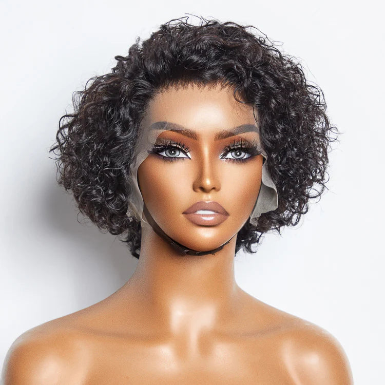 Bailey Hair Company 8 inch Short Curly Pixie Cut 13"x4" Frontal Lace Wig Pre-Bleached Knots Brazilian Human Virgin Hair 150% Density
