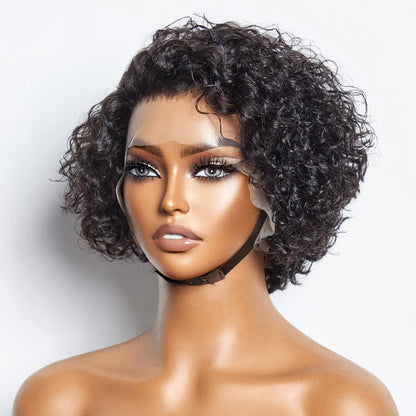 Bailey Hair Company 8 inch Short Curly Pixie Cut 13"x4" Frontal Lace Wig Pre-Bleached Knots Brazilian Human Virgin Hair 150% Density