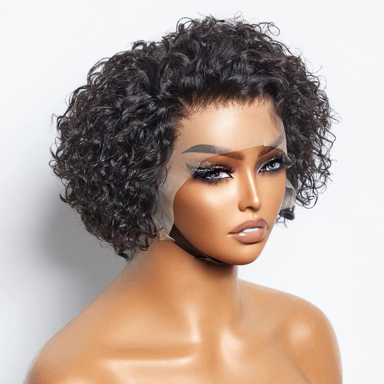 Bailey Hair Company 8 inch Short Curly Pixie Cut 13"x4" Frontal Lace Wig Pre-Bleached Knots Brazilian Human Virgin Hair 150% Density