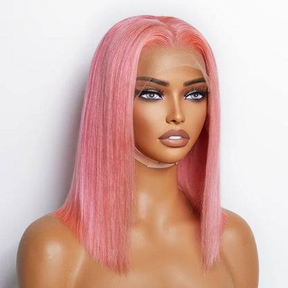 Bailey Hair Company 12 Inches Pre-Plucked 13"x4" #Pink Straight Bob Lace Frontal Wig 150% Density-100% Human Hair