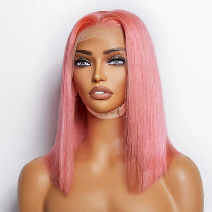 Bailey Hair Company 12 Inches Pre-Plucked 13"x4" #Pink Straight Bob Lace Frontal Wig 150% Density-100% Human Hair