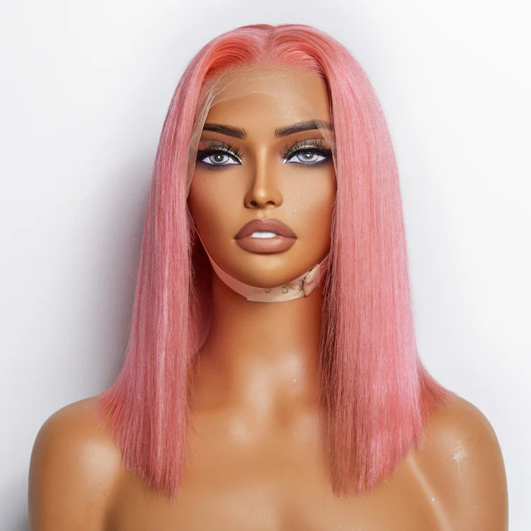 Bailey Hair Company 12 Inches Pre-Plucked 13"x4" #Pink Straight Bob Lace Frontal Wig 150% Density-100% Human Hair