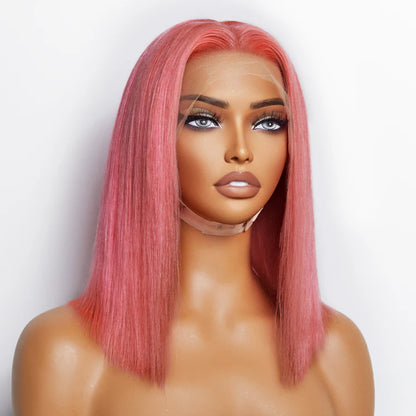 Bailey Hair Company 12 Inches Pre-Plucked 13"x4" #Pink Straight Bob Lace Frontal Wig 150% Density-100% Human Hair