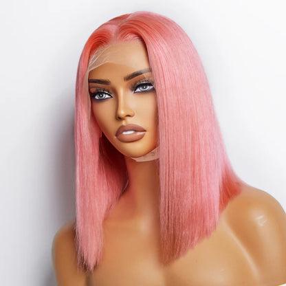 Bailey Hair Company 12 Inches Pre-Plucked 13"x4" #Pink Straight Bob Lace Frontal Wig 150% Density-100% Human Hair