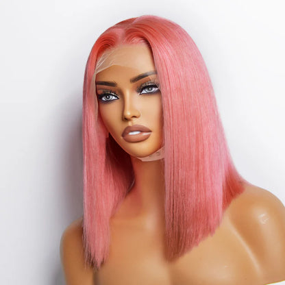 Bailey Hair Company 12 Inches Pre-Plucked 13"x4" #Pink Straight Bob Lace Frontal Wig 150% Density-100% Human Hair