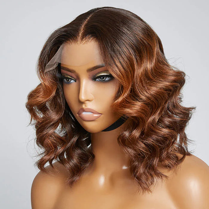 Bailey Hair Company 12 Inches Elegant Brown Ombre Loose Wave T-Part HD Lace Glueless Short Wig 100% Human Hair