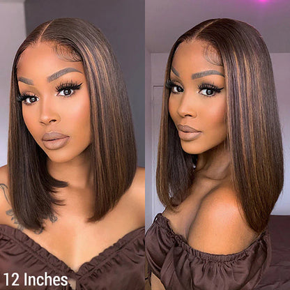 Bailey Hair Company 12 Inch Chestnut Brown Highlights Straight 4x4 Closure Bob Wig 150% Density