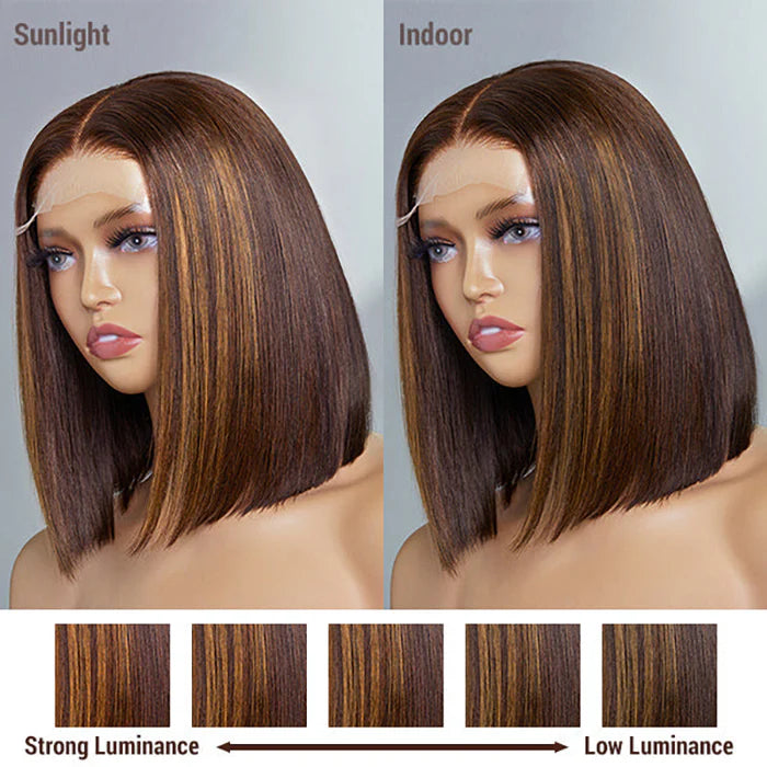 Bailey Hair Company 12 Inch Chestnut Brown Highlights Straight 4x4 Closure Bob Wig 150% Density