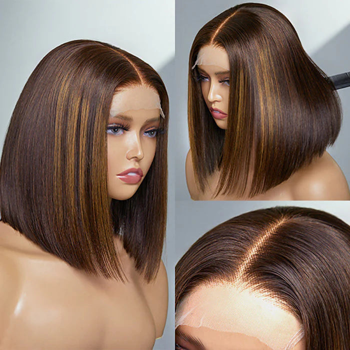 Bailey Hair Company 12 Inch Chestnut Brown Highlights Straight 4x4 Closure Bob Wig 150% Density