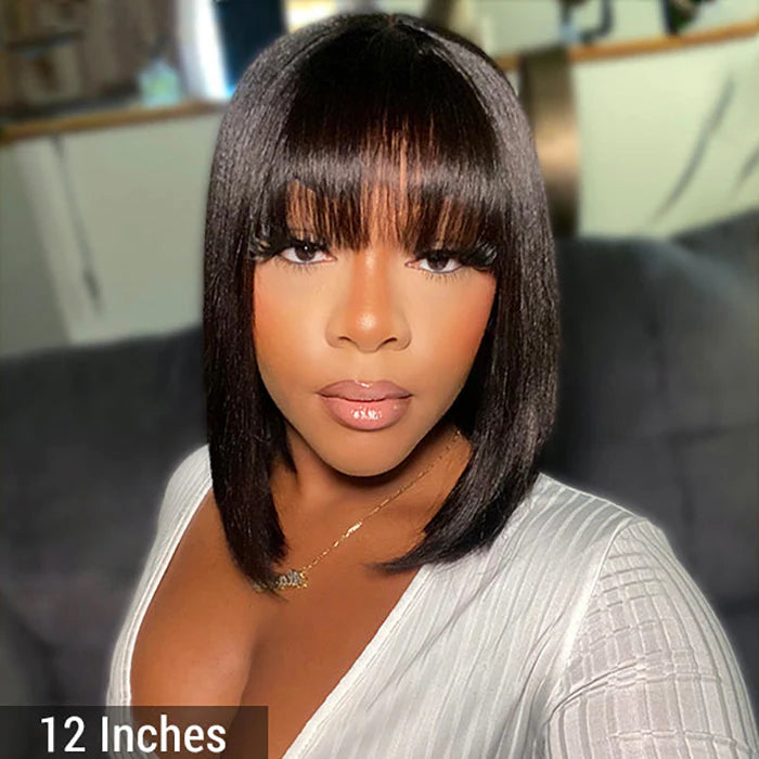 Bailey Hair Company 12 Inch Realistic Yaki Straight Bob With Bangs 2x1 Minimalist Lace Wig 150% Density