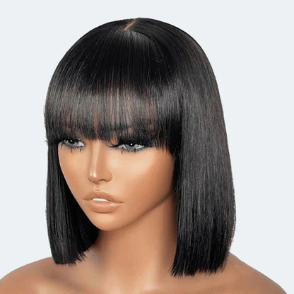 Bailey Hair Company 12 Inch Realistic Yaki Straight Bob With Bangs 2x1 Minimalist Lace Wig 150% Density