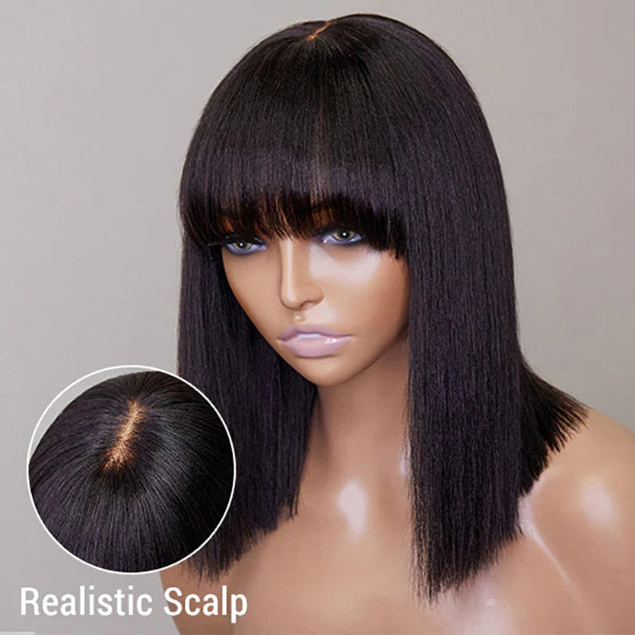 Bailey Hair Company 12 Inch Realistic Yaki Straight Bob With Bangs 2x1 Minimalist Lace Wig 150% Density