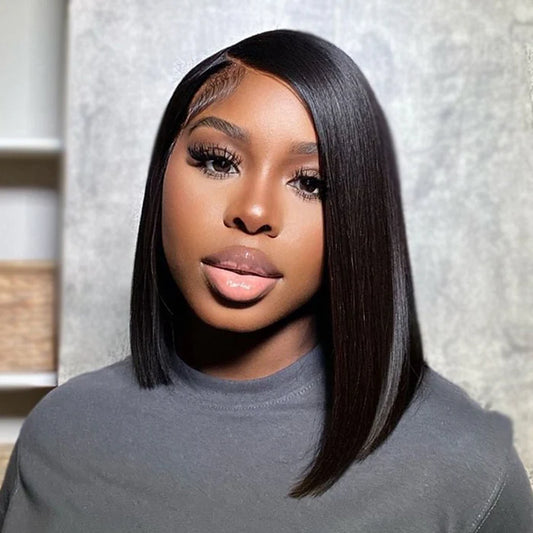 Bailey Hair Company 12 inches Asymmetrical Blunt Bob 13"x4" Transparent Frontal Lace Wig Straight Human Virgin Hair