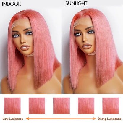 Bailey Hair Company 12 Inches Pre-Plucked 13"x4" #Pink Straight Bob Lace Frontal Wig 150% Density-100% Human Hair