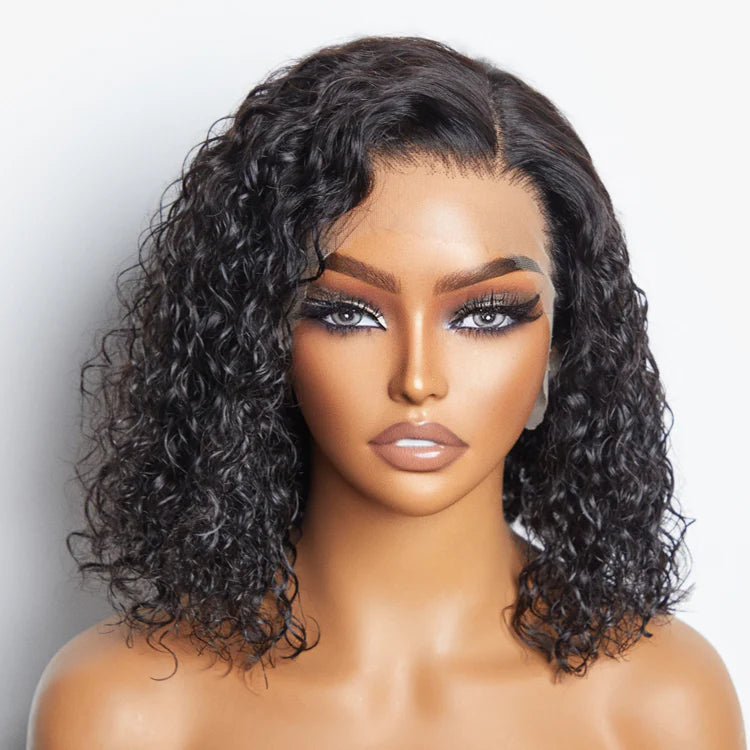 Bailey Hair Company 12/14 Inches 13"x4" Natural Black Water Wavy Bob 3D Transparent Lace Frontal Wig-100% Human Hair