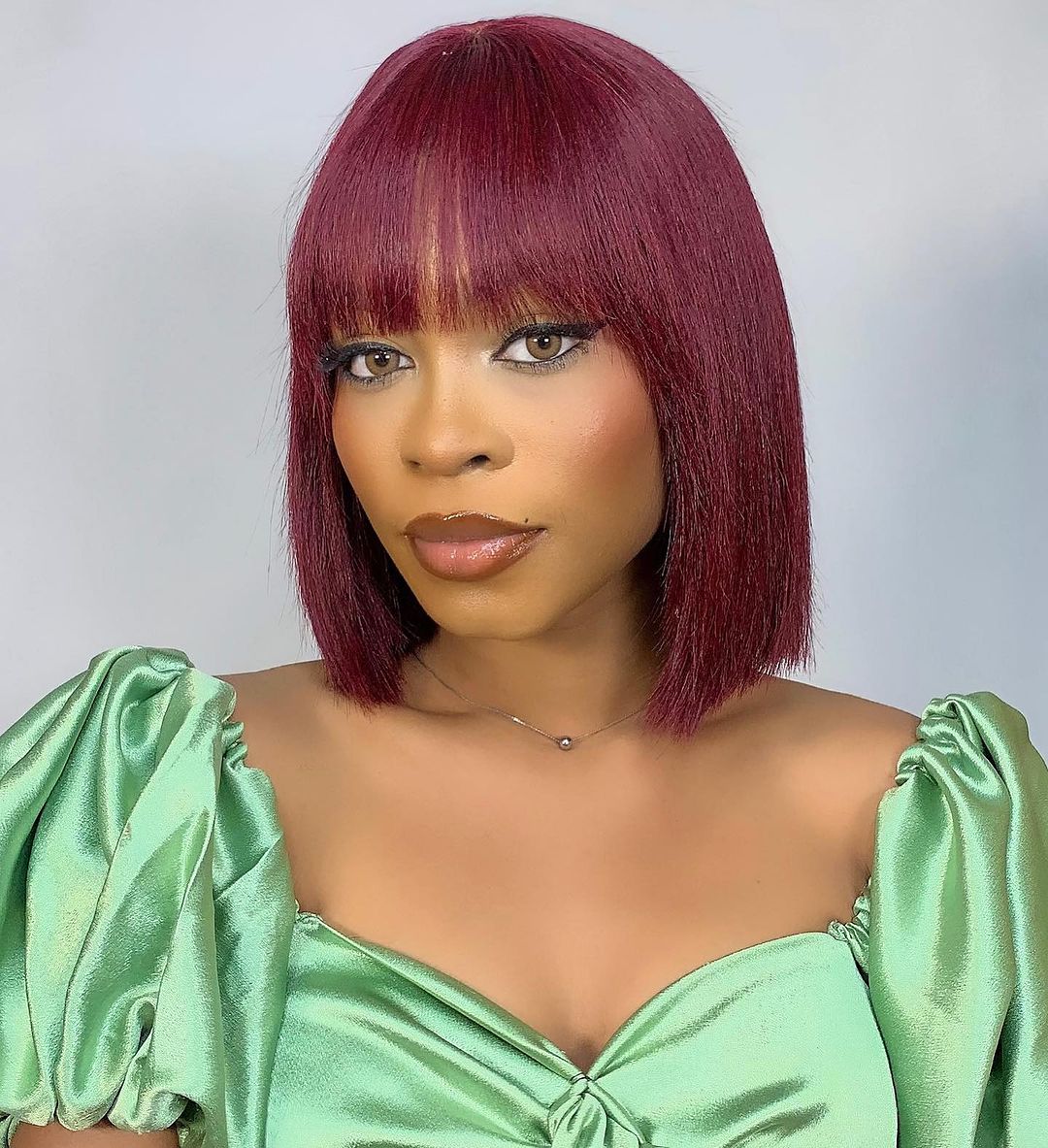 Bailey Hair Company 10 Inches Reddish Purple Layered Cut Yaki Straight #99J Lace Bob Wig With Bangs