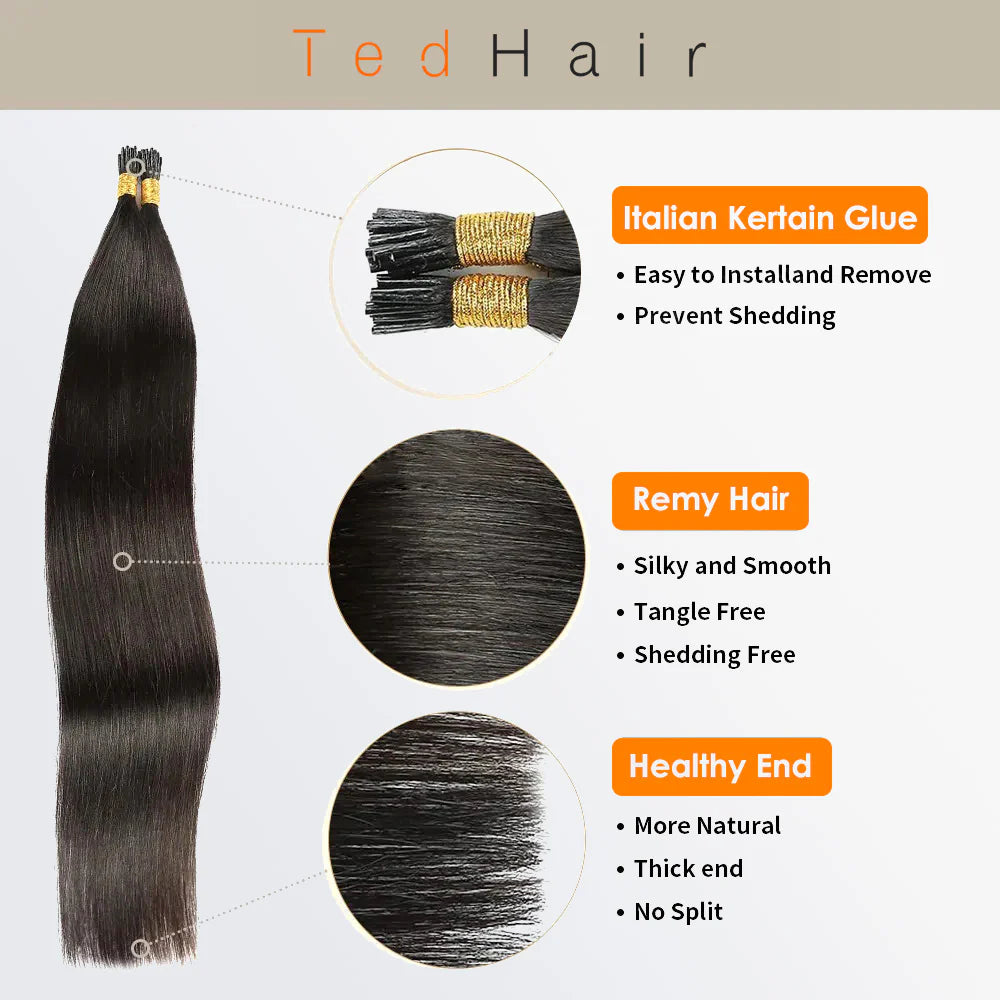 Bailey Hair Company I Tip Hair Extensions Straight Natural Remy Human Hair (#1B Natural Black)