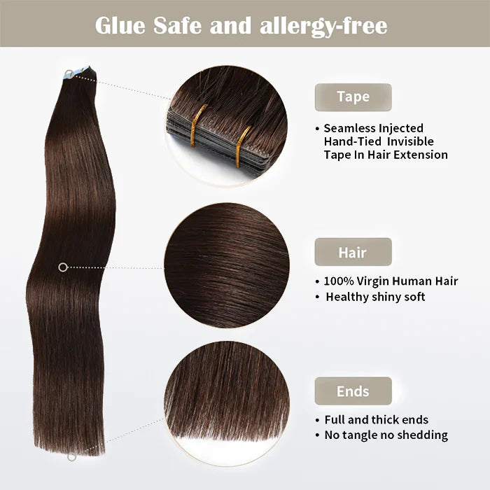 Bailey Hair Company Seamless Injected Hand-Tied Invisible Tape In Hair Extension 20Pcs Virgin Human Hair