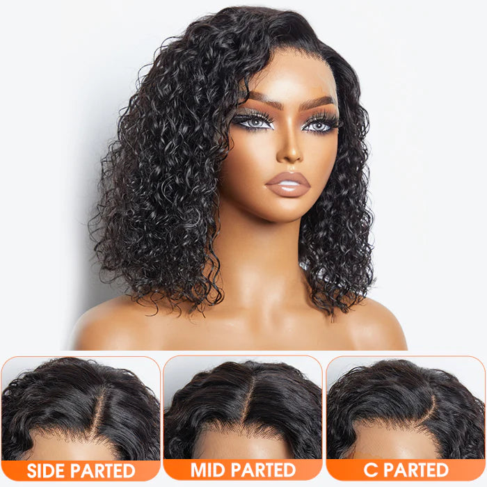 Bailey Hair Company 12/14 Inches 13"x4" Natural Black Water Wavy Bob 3D Transparent Lace Frontal Wig-100% Human Hair