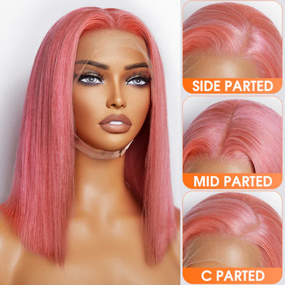 Bailey Hair Company 12 Inches Pre-Plucked 13"x4" #Pink Straight Bob Lace Frontal Wig 150% Density-100% Human Hair