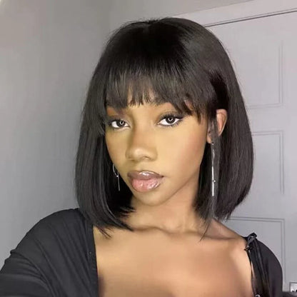 Bailey Hair Company 12 Inch Realistic Yaki Straight Bob With Bangs 2x1 Minimalist Lace Wig 150% Density