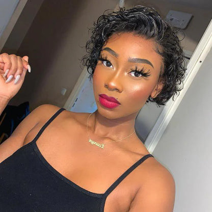 Bailey Hair Company 8 inch Short Curly Pixie Cut 13"x4" Frontal Lace Wig Pre-Bleached Knots Brazilian Human Virgin Hair 150% Density