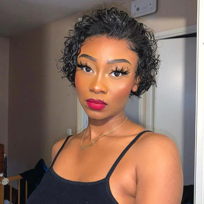 Bailey Hair Company 8 inch Short Curly Pixie Cut 13"x4" Frontal Lace Wig Pre-Bleached Knots Brazilian Human Virgin Hair 150% Density