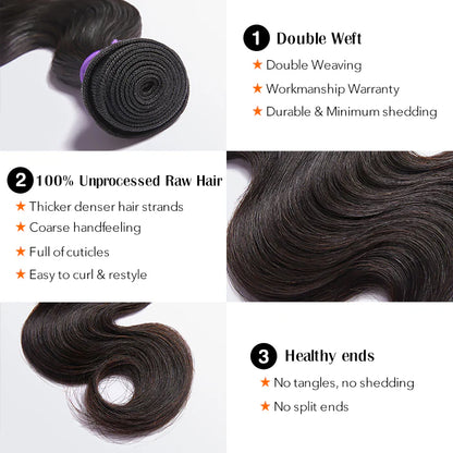 Bailey Hair Company 10-30 Inch 12A Premium Raw Indian Hair Body Wavy #1B Natural Black｜One Bundle