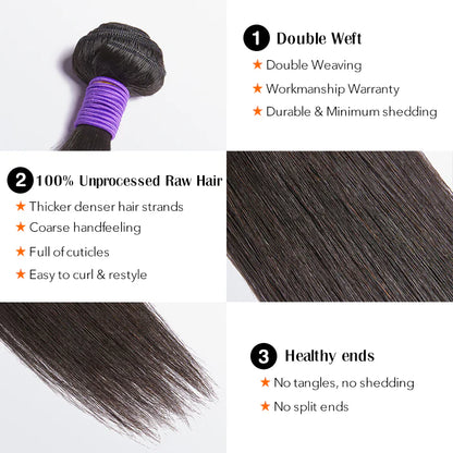 Bailey Hair Company 10-30 Inch 12A Premium Raw Indian Hair Straight #1B Natural Black ｜One Bundle
