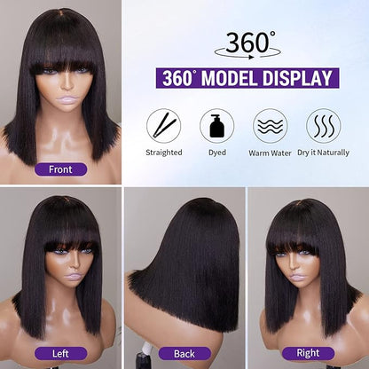 Bailey Hair Company 12 Inch Realistic Yaki Straight Bob With Bangs 2x1 Minimalist Lace Wig 150% Density