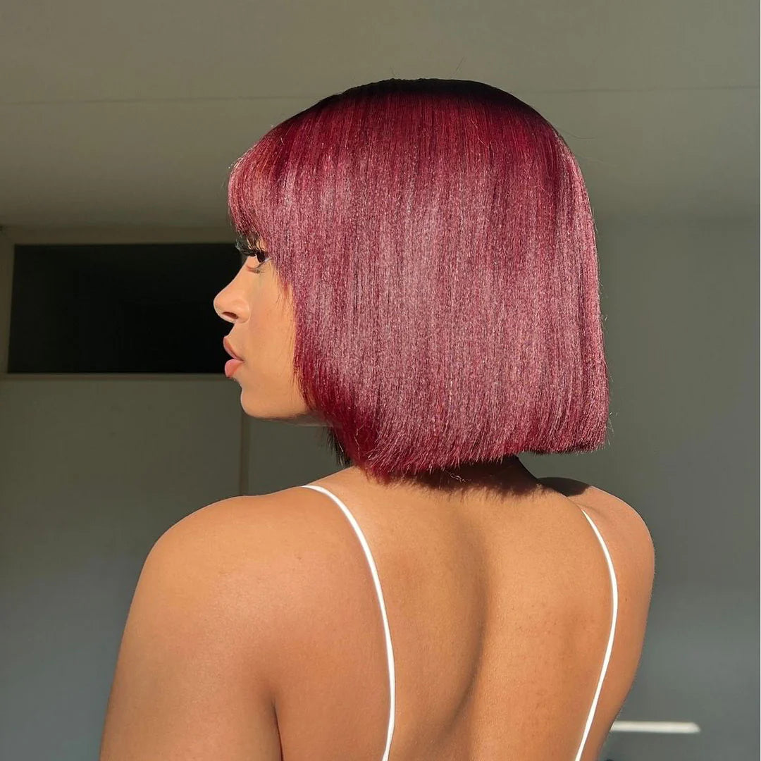 Bailey Hair Company 10 Inches Reddish Purple Layered Cut Yaki Straight #99J Lace Bob Wig With Bangs