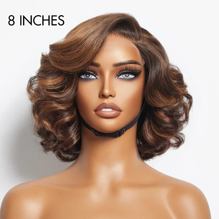 Bailey Hair Company 8 inch Brown Ombre Highlight Loose Wave Glueless Minimalist HD Lace Wig Ready To Go