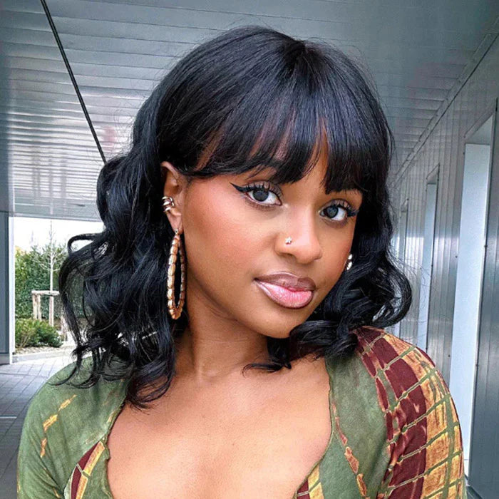 Bailey Hair Company 12 Inches Mature Lady Short Loose Wave #1B Lace Wig With Bangs