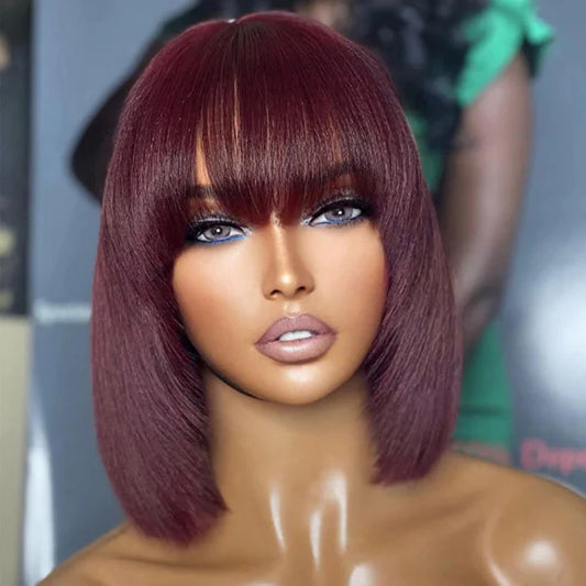 Bailey Hair Company 10 Inches Reddish Purple Layered Cut Yaki Straight #99J Lace Bob Wig With Bangs