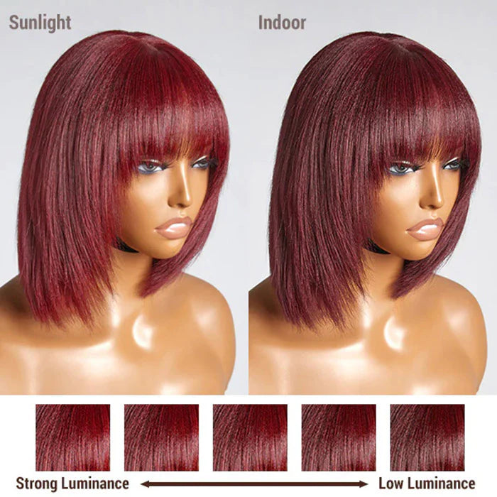 Bailey Hair Company 10 Inches Reddish Purple Layered Cut Yaki Straight #99J Lace Bob Wig With Bangs