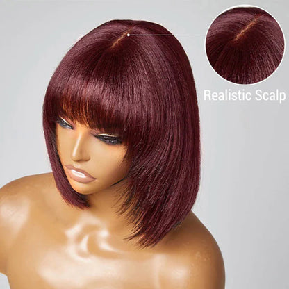 Bailey Hair Company 10 Inches Reddish Purple Layered Cut Yaki Straight #99J Lace Bob Wig With Bangs