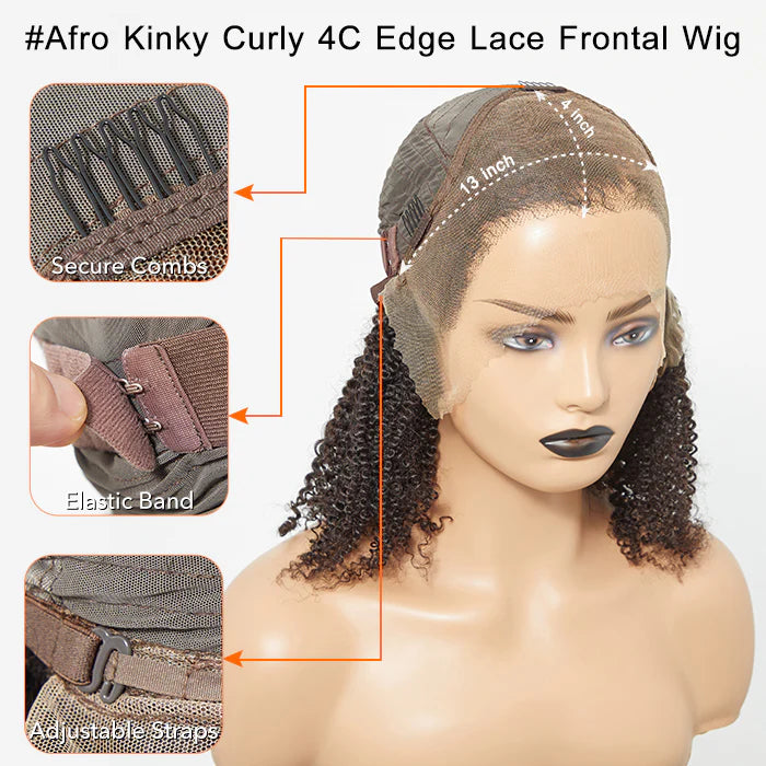 Bailey Hair Company 16 Inches 13"x4" Afro Kinky Curly 4C Edge Hairline #1B Lace Frontal Wig-100% Human Hair