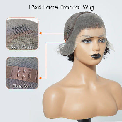 Bailey Hair Company 8 inch Short Curly Pixie Cut 13"x4" Frontal Lace Wig Pre-Bleached Knots Brazilian Human Virgin Hair 150% Density