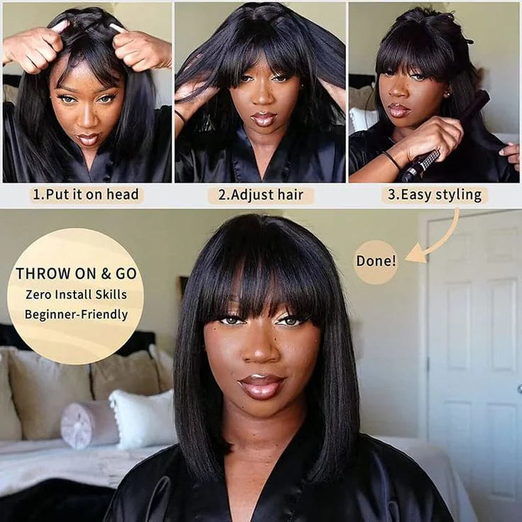 Bailey Hair Company 12 Inch Realistic Yaki Straight Bob With Bangs 2x1 Minimalist Lace Wig 150% Density